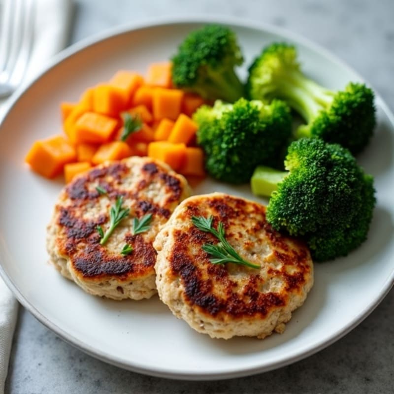 Seared Turkey Patties with Roasted Sweet Potato and Steamed Broccoli