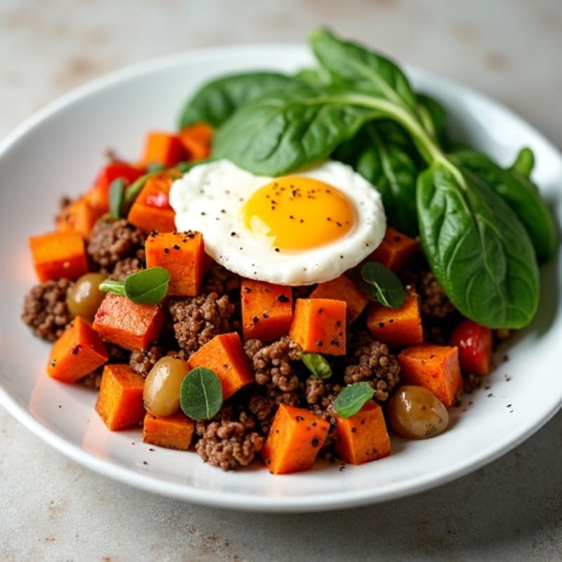 Spiced Ground Beef and Roasted Sweet Potato Hash