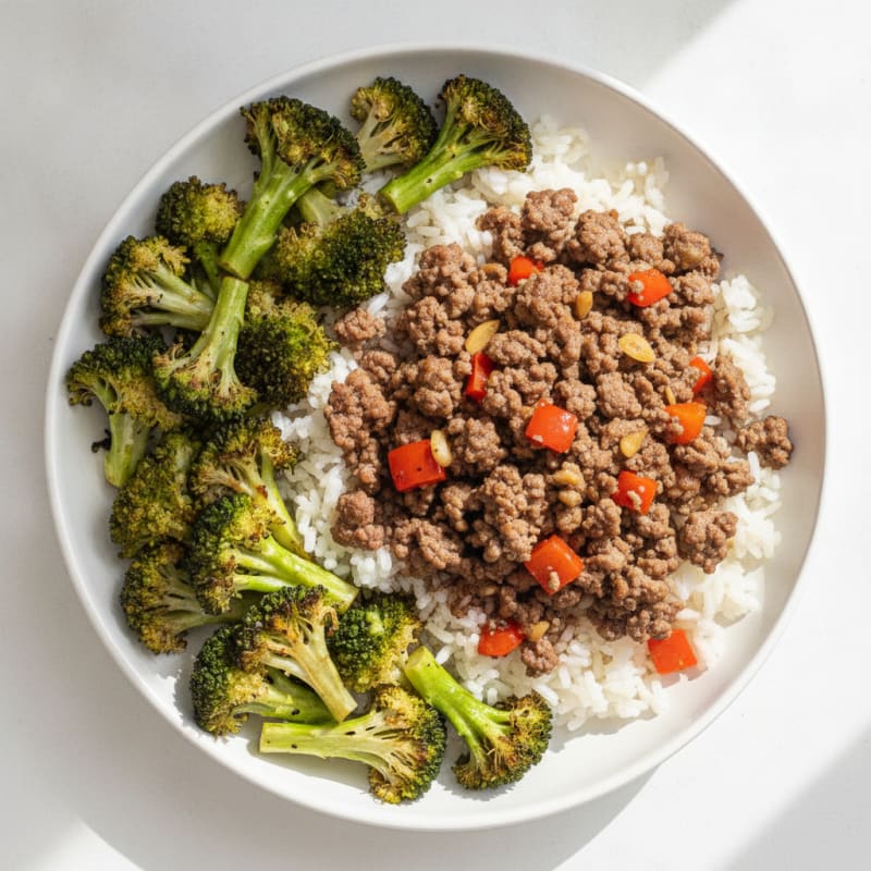 Ground Beef and Veggie Rice Bowl with Roasted Broccoli