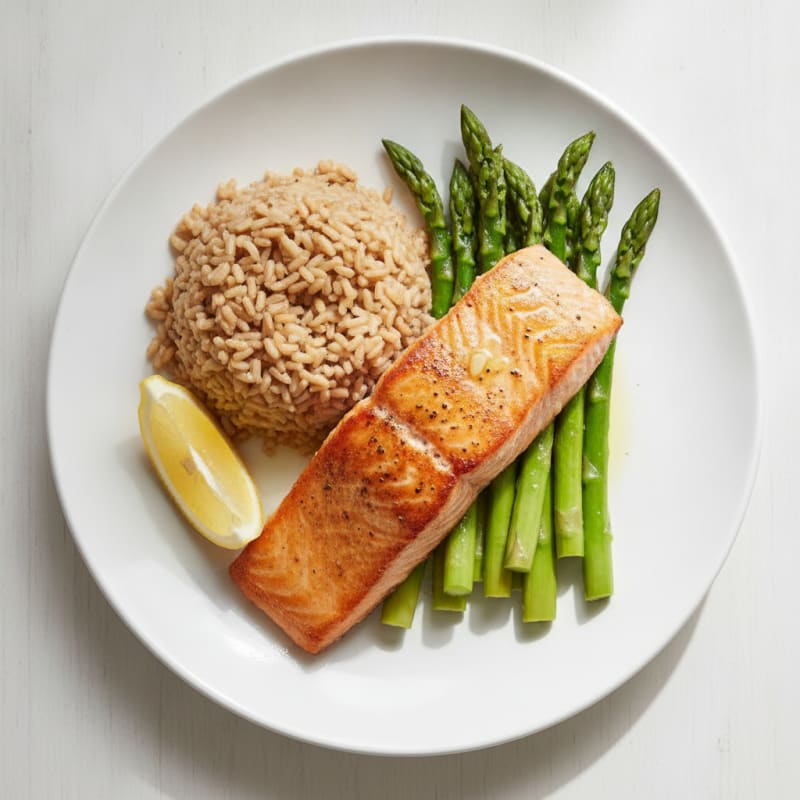Seared Salmon with Steamed Asparagus and Brown Rice