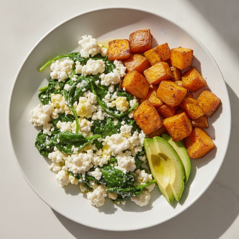Creamy Cottage Cheese Scramble with Sautéed Spinach and Roasted Sweet Potato