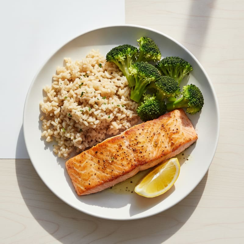 Seared Salmon with Steamed Broccoli and Brown Rice