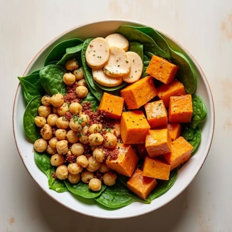 Spicy Roasted Chickpea and Sweet Potato Bowl with Creamy Tahini Dressing
