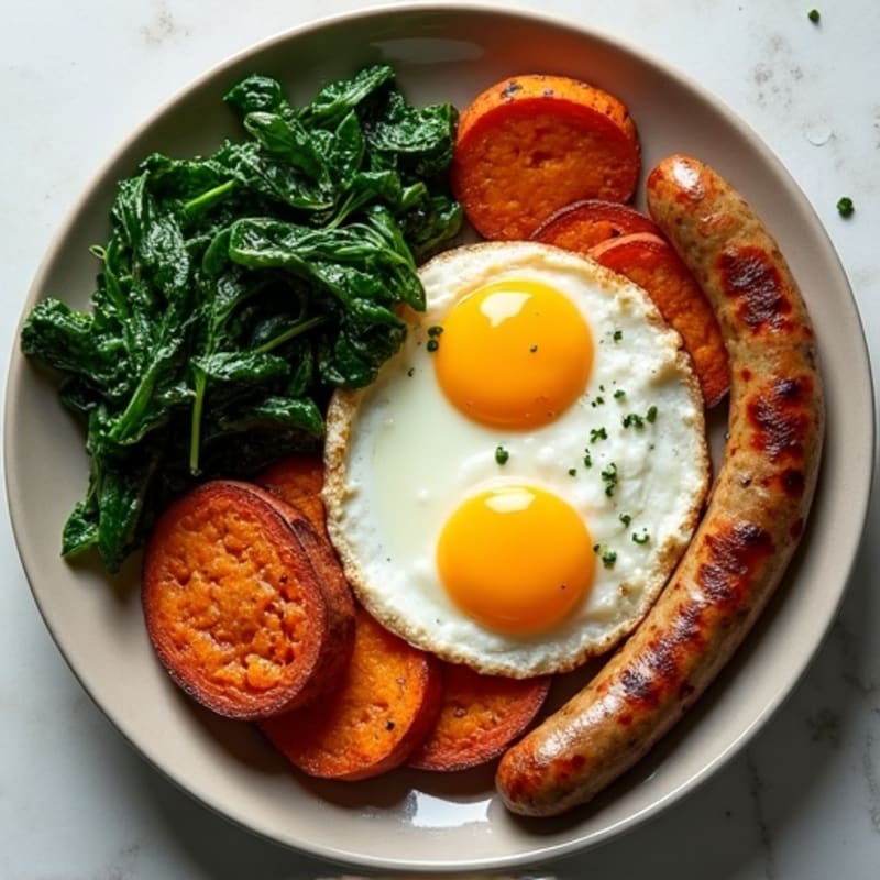 Lean Turkey Sausage and Egg Skillet with Crispy Sweet Potatoes and Sautéed Greens
