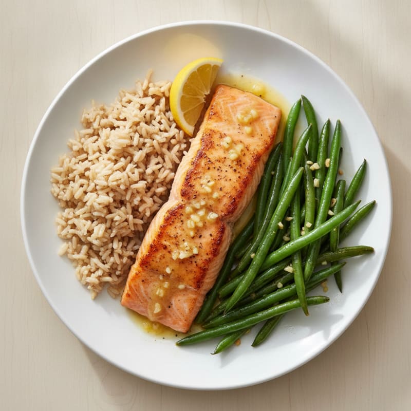 Seared Salmon Fillet with Lemon Garlic Green Beans and Brown Rice