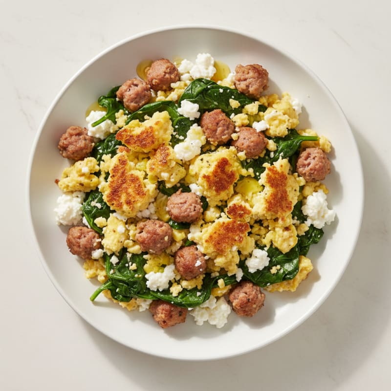 Crispy Turkey Sausage and Spinach Scramble with Cottage Cheese
