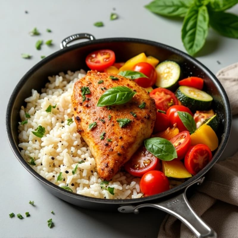 One-Pan Savory Chicken with Tomato-Herb Rice and Fresh Vegetables