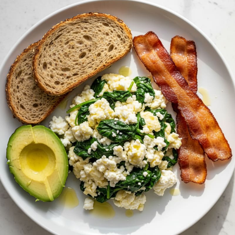 Egg White Spinach Scramble with Cottage Cheese and Turkey Bacon