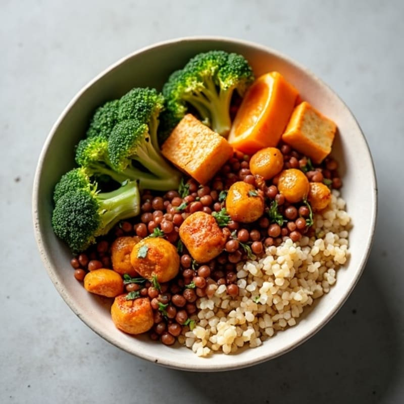 Crispy Lentil and Quinoa Power Bowl with Roasted Broccoli