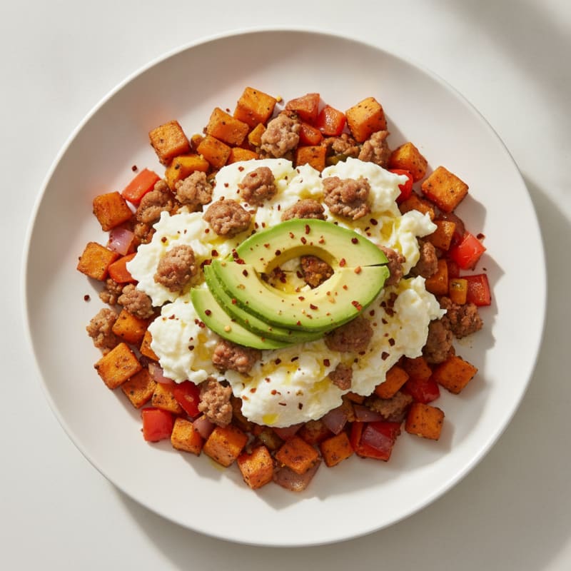 Scrambled Egg Whites with Turkey Sausage and Roasted Sweet Potato Hash