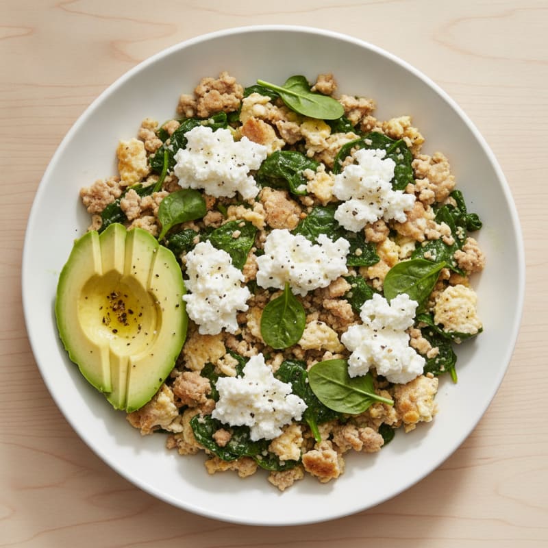 Egg White and Turkey Spinach Scramble with Cottage Cheese
