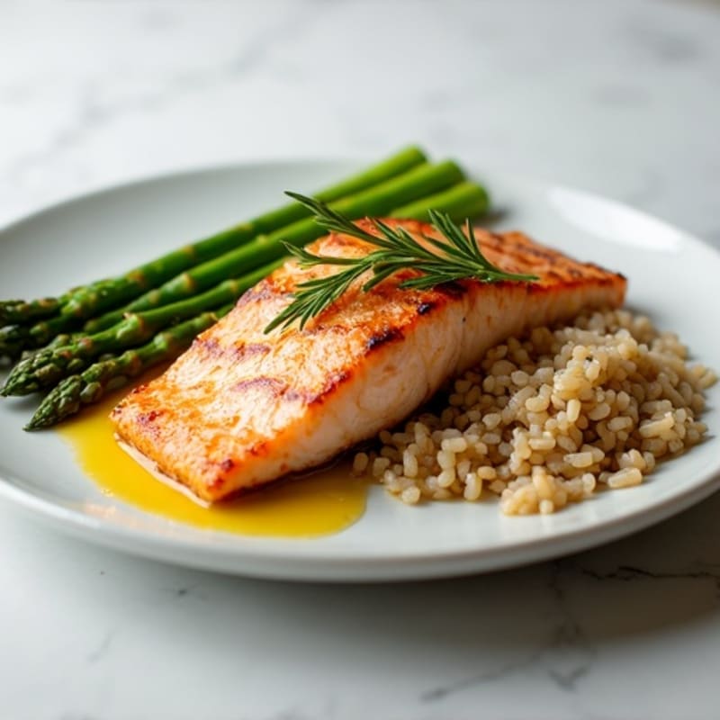 Seared Salmon with Steamed Asparagus and Brown Rice