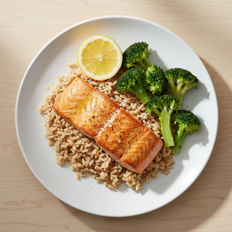 Seared Salmon with Steamed Broccoli and Brown Rice