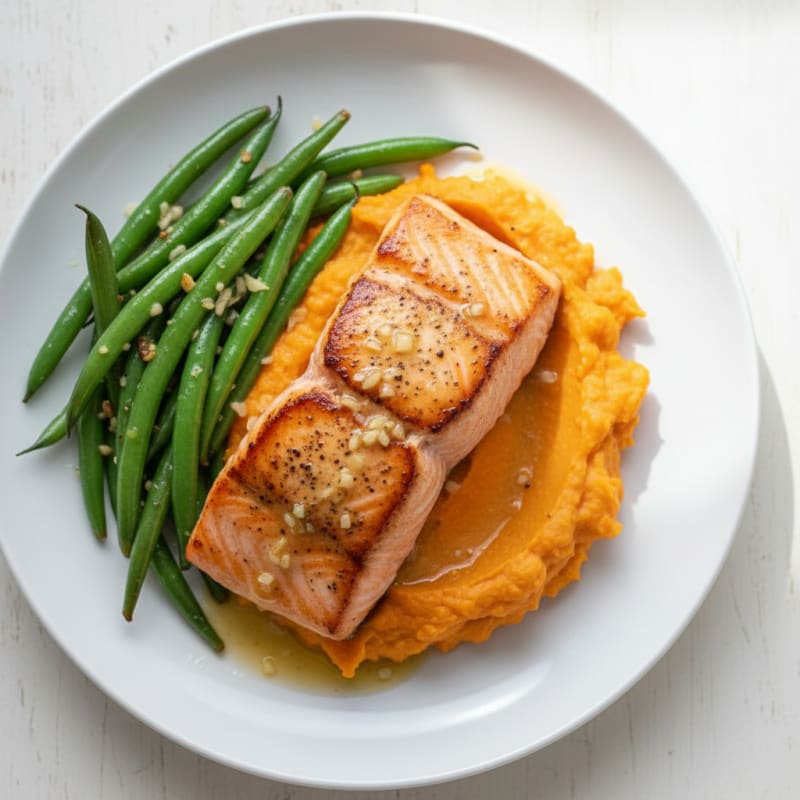 Seared Salmon Fillet with Garlic Green Beans and Sweet Potato Mash