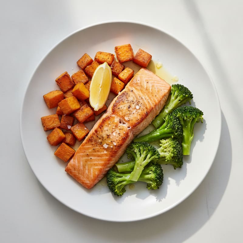 Seared Salmon with Roasted Sweet Potato and Steamed Broccoli
