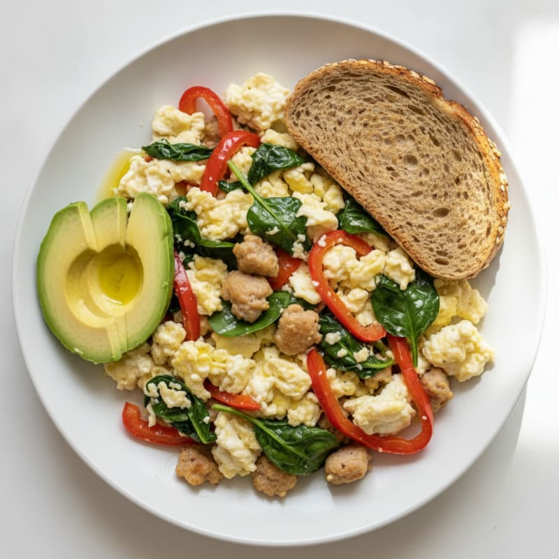 Egg White and Turkey Sausage Scramble with Spinach and Peppers