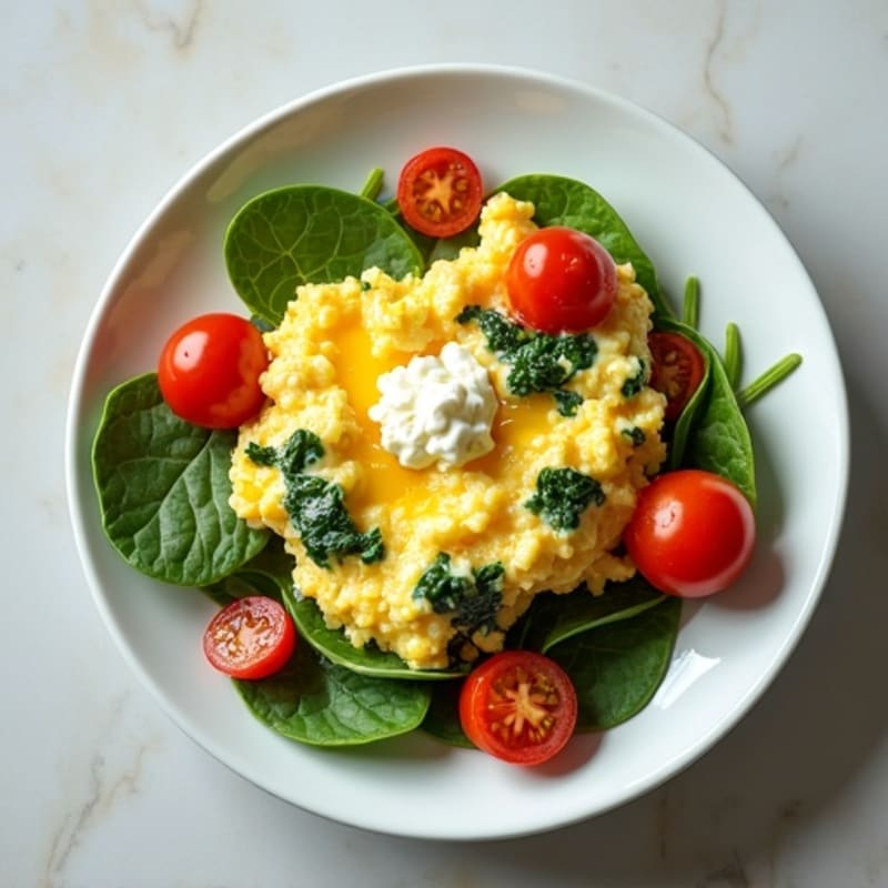 Egg White and Spinach Scramble with Cottage Cheese and Cherry Tomatoes