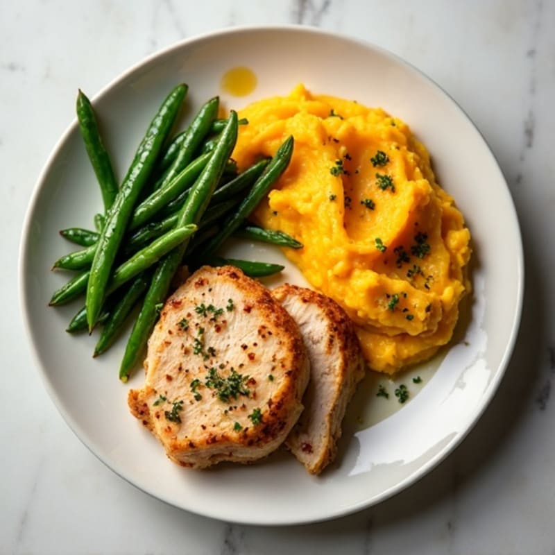 Seared Turkey Breast with Garlic Green Beans and Mashed Sweet Potato