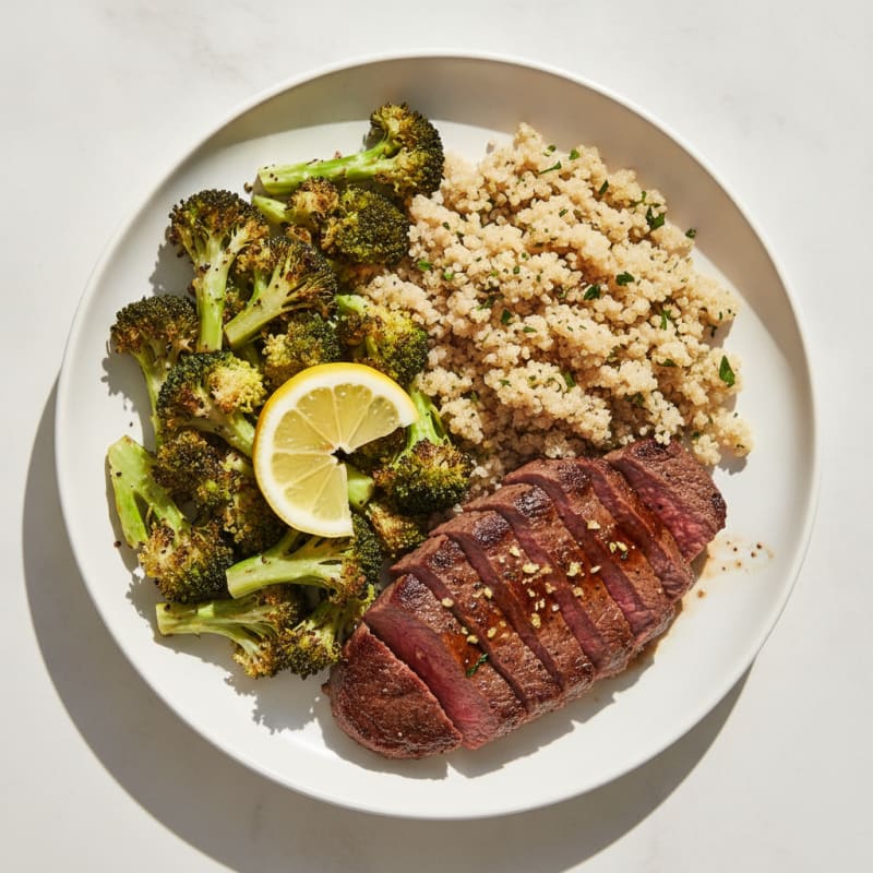 Seared Lean Steak with Roasted Broccoli and Quinoa