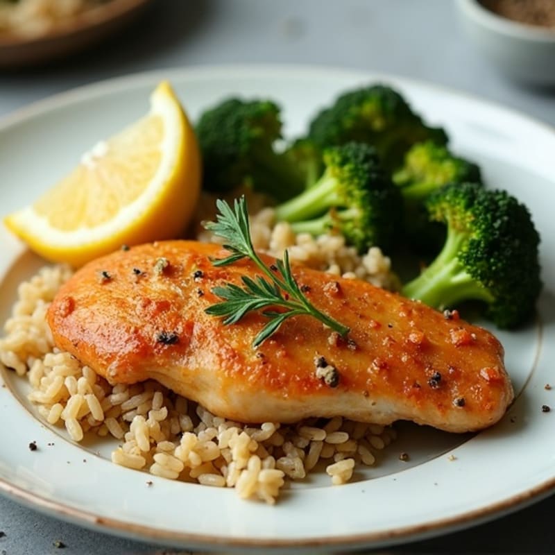 Crispy Lemon Garlic Chicken with Brown Rice and Roasted Broccoli