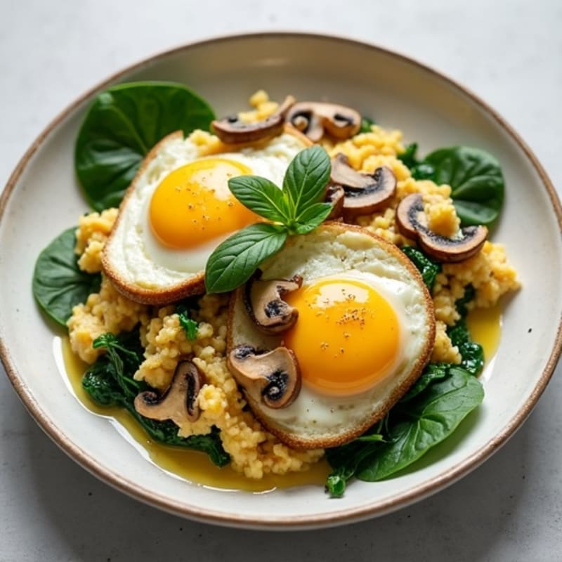 Cottage Cheese Scramble with Spinach and Sautéed Mushrooms