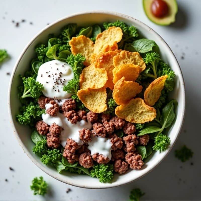 Ground Beef Power Bowl with Crispy Greens and Creamy Dressing