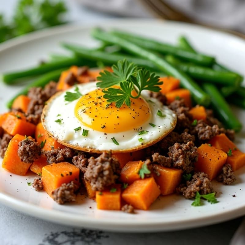 Herb-Seasoned Beef and Sweet Potato Hash with Garlic Green Beans