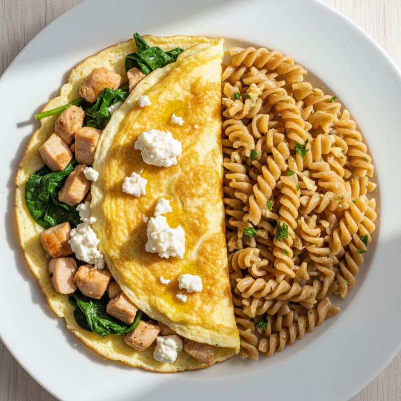 Chicken and Spinach Egg White Omelet with Cottage Cheese & Herb Pasta