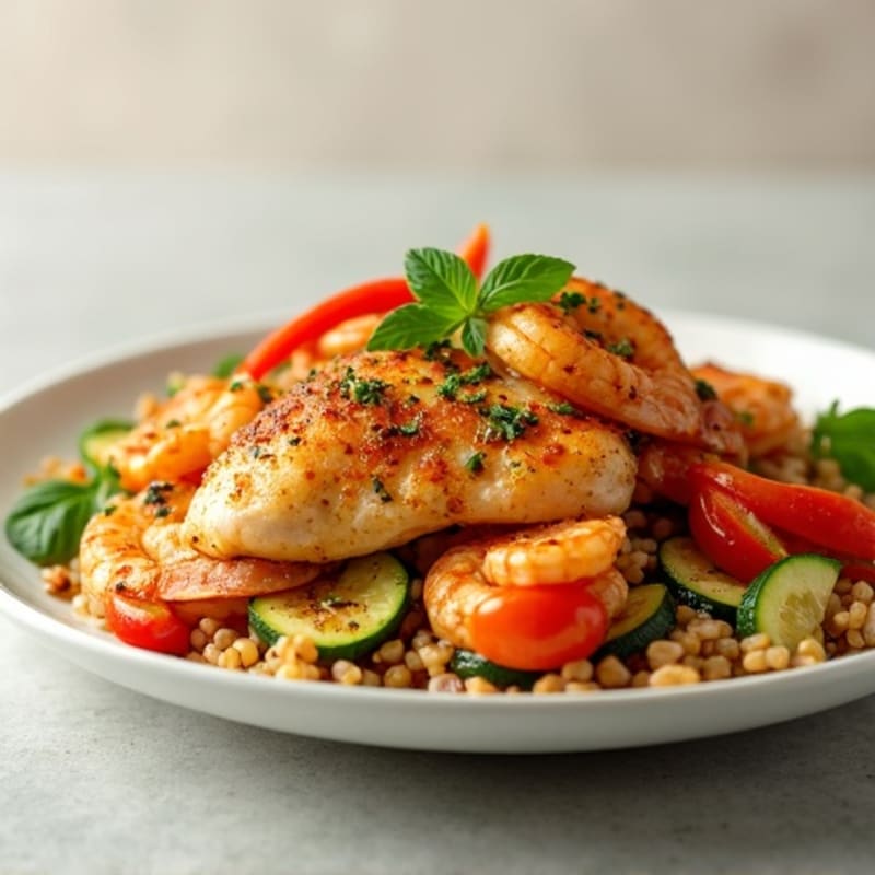 Spicy Chicken and Shrimp with Tomato-Herb Rice and Vegetables