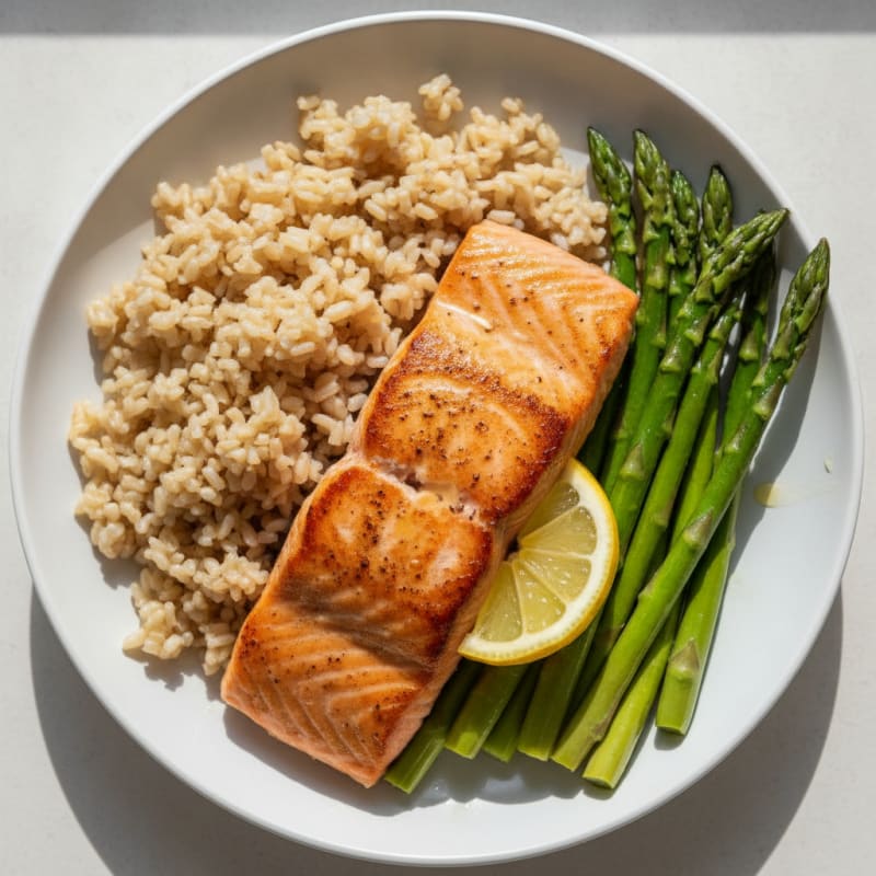 Seared Salmon with Steamed Asparagus and Brown Rice