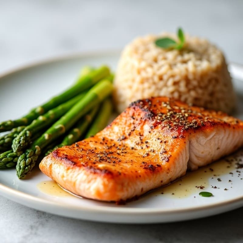 Seared Salmon Fillet with Steamed Asparagus and Brown Rice