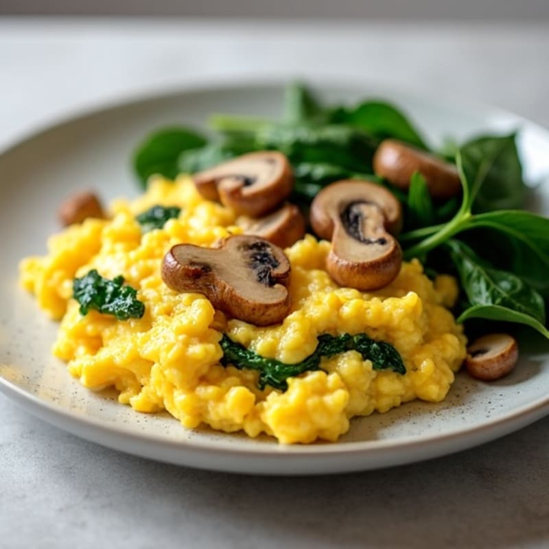 Fluffy Scrambled Eggs with Sautéed Spinach and Mushrooms