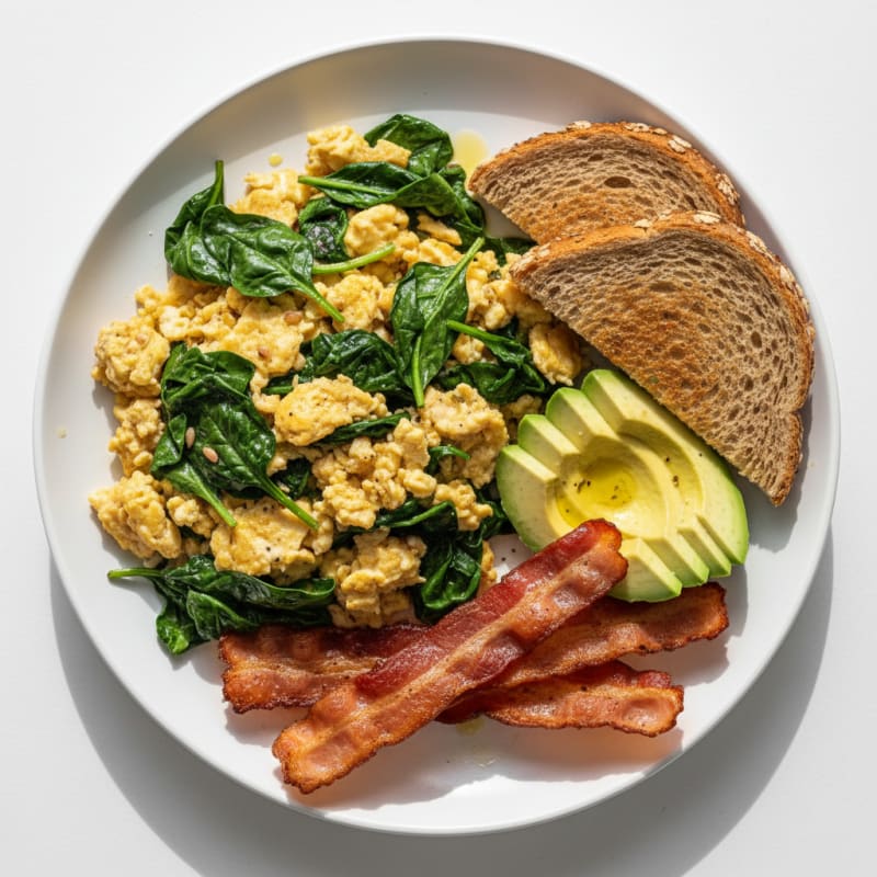 Crispy Turkey Bacon and Egg White Scramble with Sautéed Spinach
