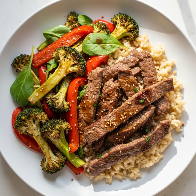 Seared Beef Strips with Roasted Vegetables and Brown Rice