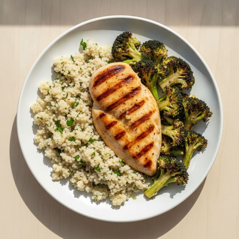 Grilled Chicken Breast with Quinoa and Roasted Broccoli