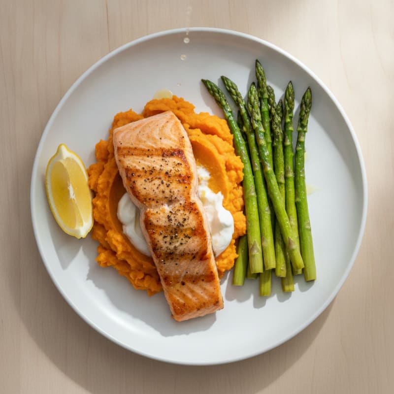Seared Salmon Fillet with Roasted Asparagus and Sweet Potato Mash