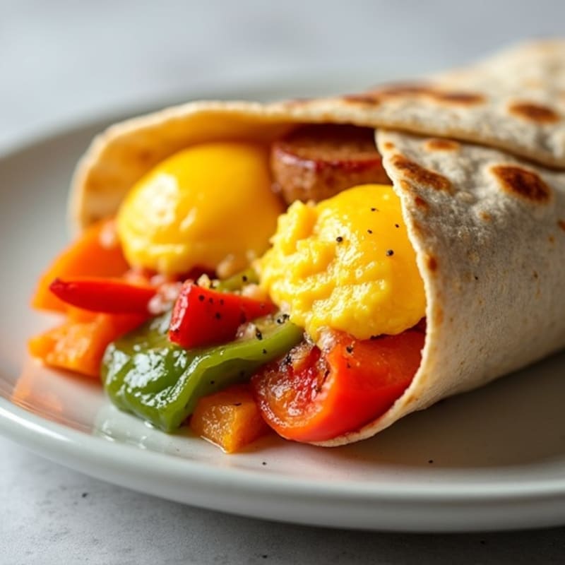 Hearty Scrambled Egg and Turkey Sausage Burrito with Roasted Sweet Potato and Bell Peppers