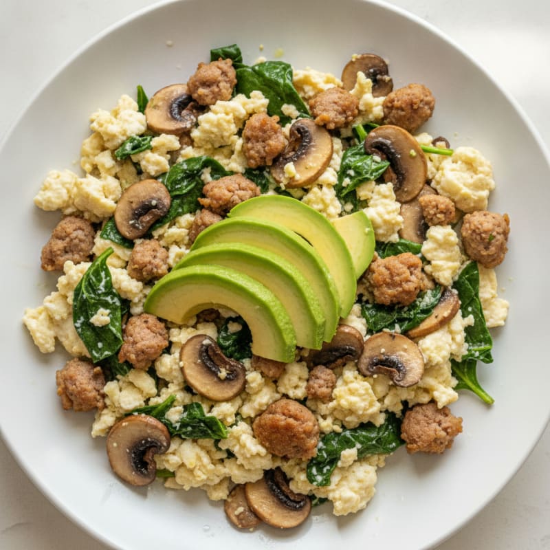 Egg White Spinach Scramble with Turkey Sausage and Sautéed Mushrooms
