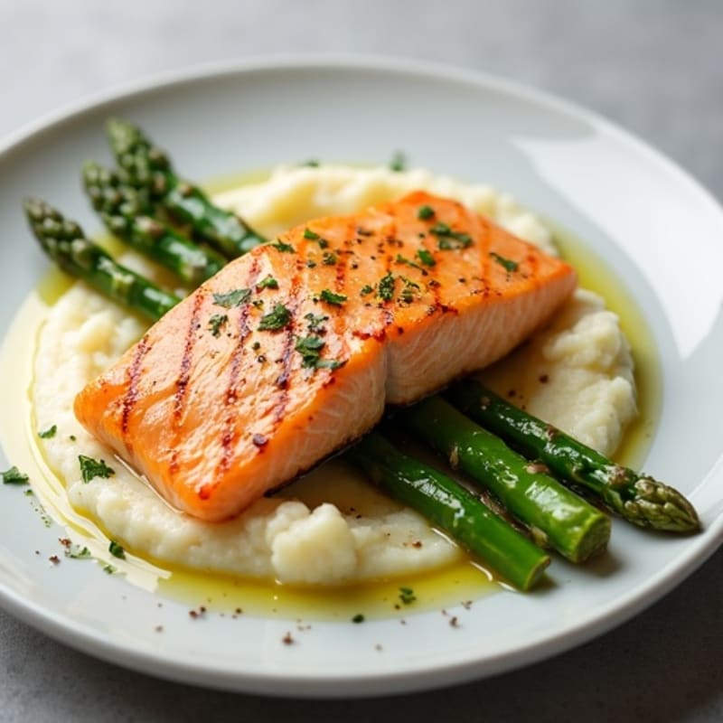 Grilled Salmon with Steamed Asparagus and Cauliflower Mash