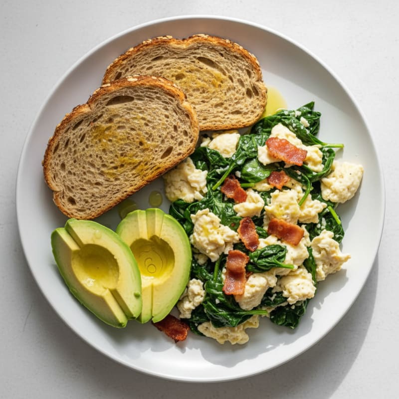 Egg White Scramble with Turkey Bacon and Sautéed Spinach