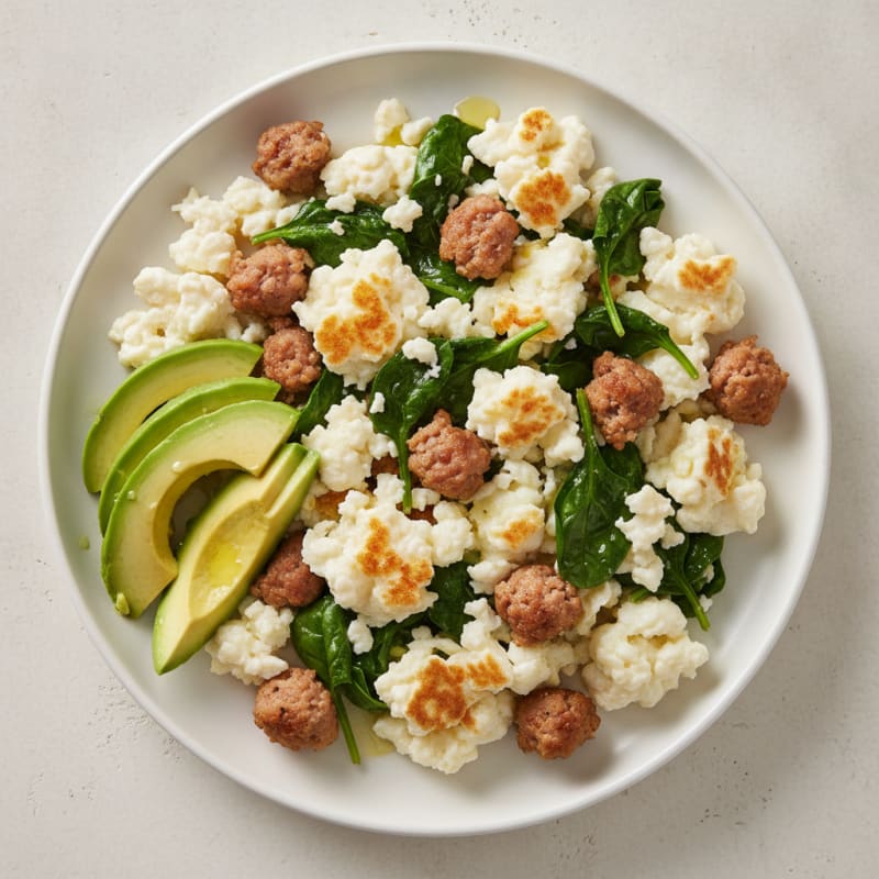 Egg White and Turkey Sausage Scramble with Sautéed Spinach