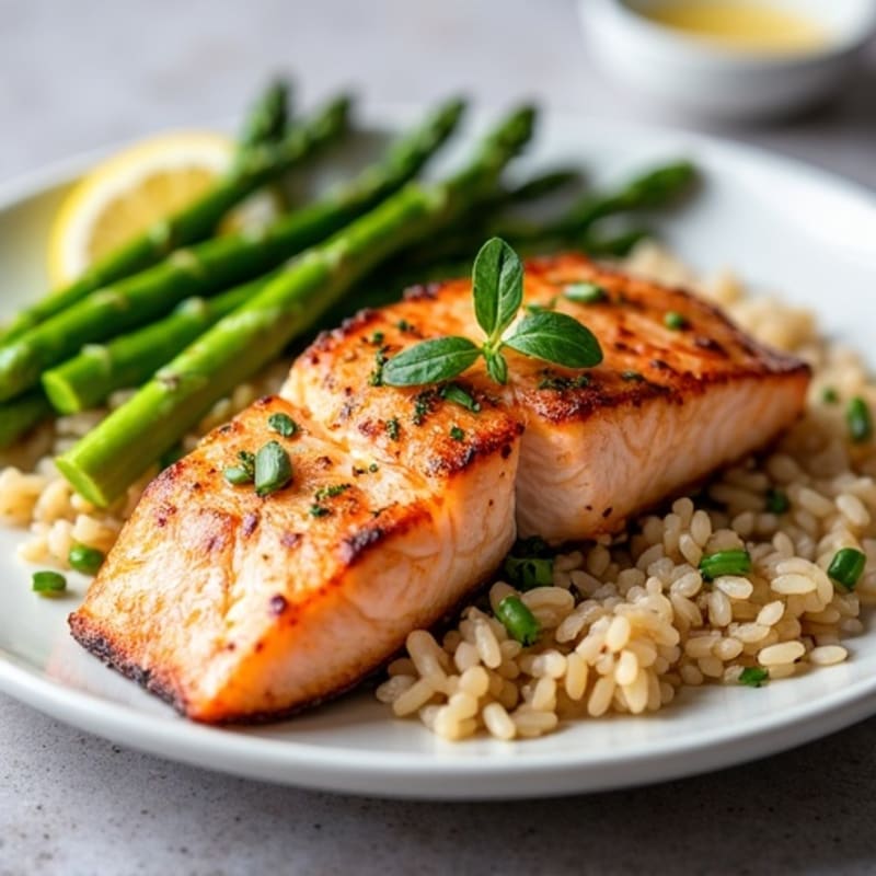 Seared Salmon with Steamed Asparagus and Brown Rice