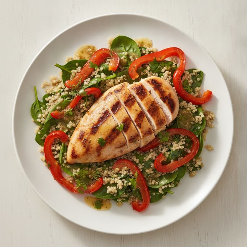 Grilled Chicken Breast with Quinoa Spinach Salad and Roasted Red Peppers