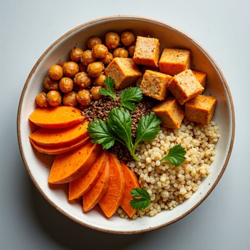 Roasted Sweet Potato Quinoa Bowl with Crispy Chickpeas
