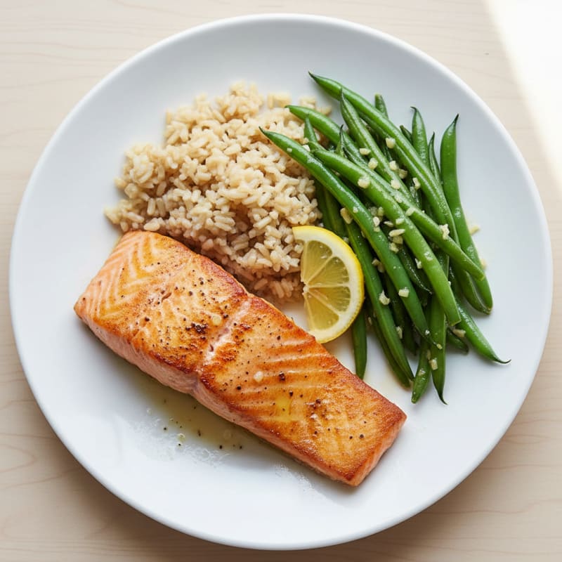 Seared Salmon with Garlic Green Beans and Brown Rice