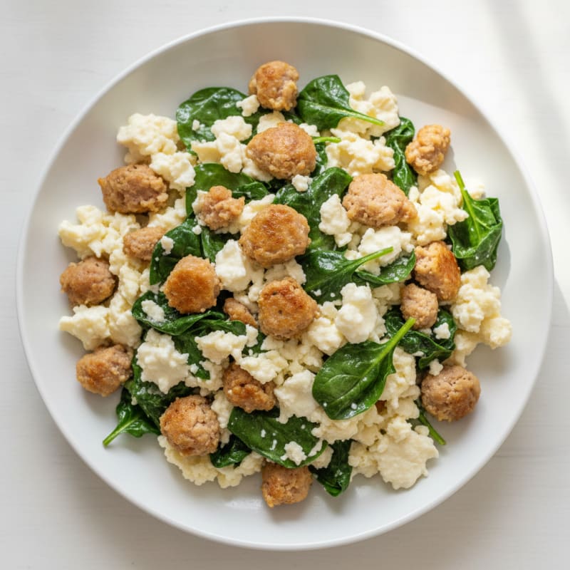 Egg White and Turkey Sausage Scramble with Sautéed Spinach
