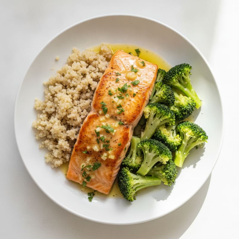 Lemon Garlic Pan Seared Salmon with Quinoa and Steamed Broccoli