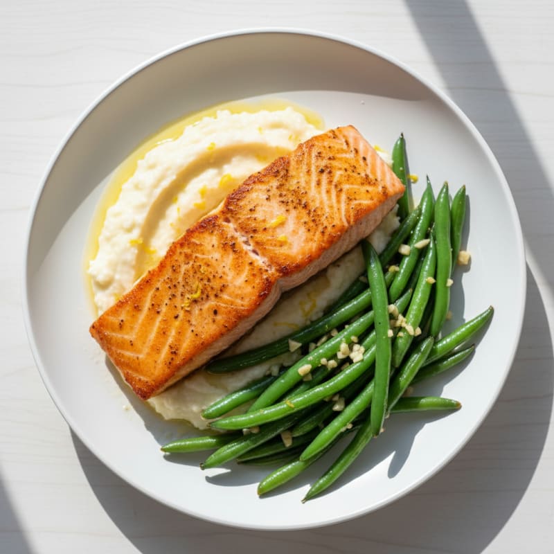 Seared Salmon with Garlic Green Beans and Cauliflower Mash