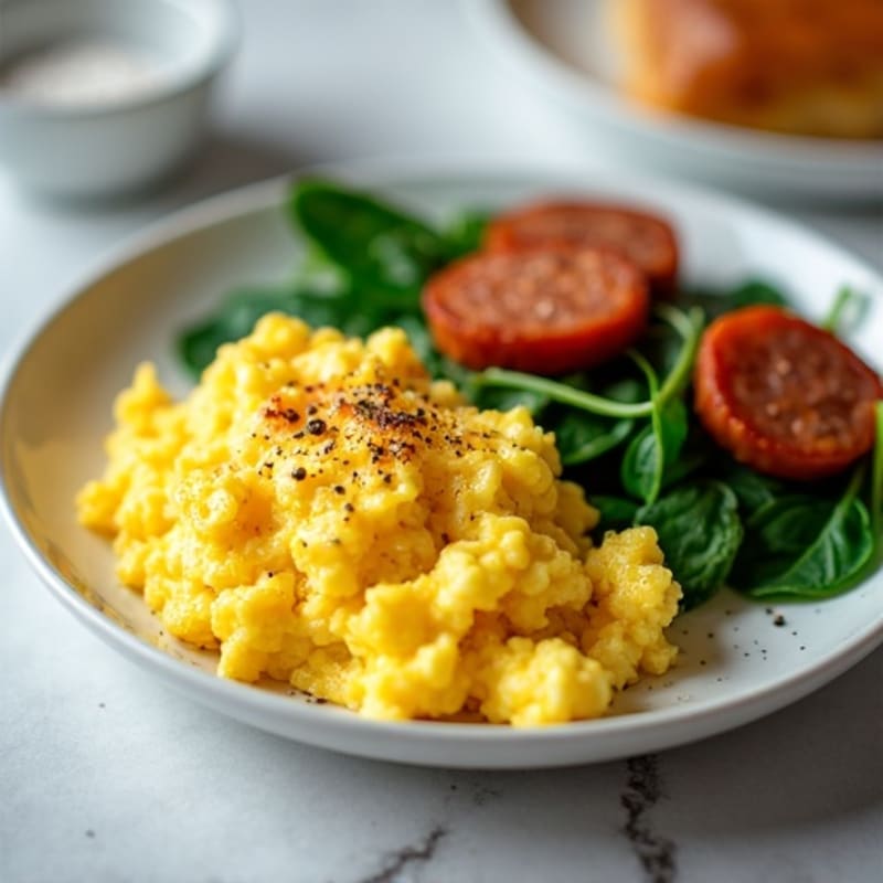 Fluffy Scrambled Eggs with Crispy Turkey Sausage and Fresh Spinach