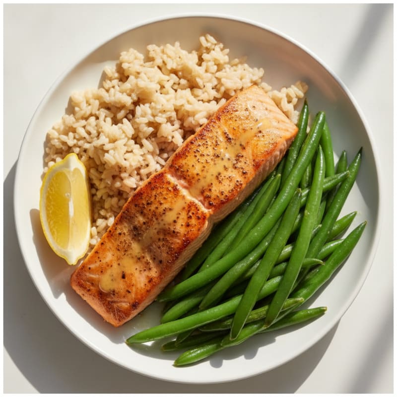 Seared Salmon with Steamed Green Beans and Brown Rice